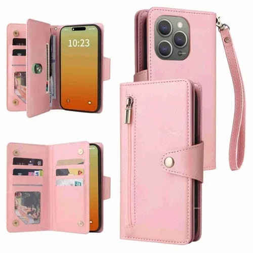 Funda para iPhone 15 Pro Max Remache Hebilla 9 Tarjetas Cuero Tres Pliegues (Oro Rosa)