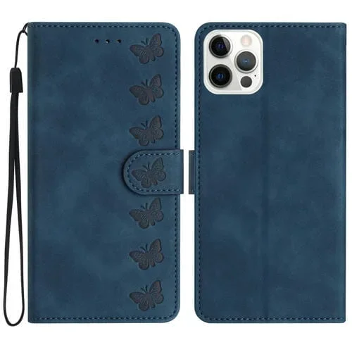 Funda para iPhone 15 Pro Max Seven Butterflies Caja de Teléfono de Cuero En Relieve (Azul)