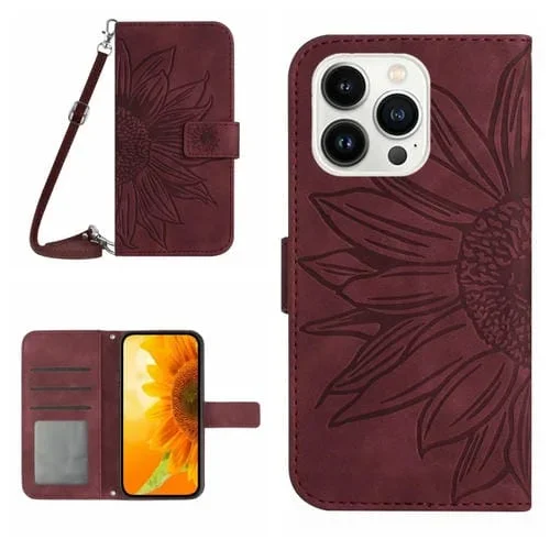 Funda para iPhone 15 Pro Max Skin Feel Sun Flower de Cuero con Tapa en Relieve y Cordón (Rojo Vino)
