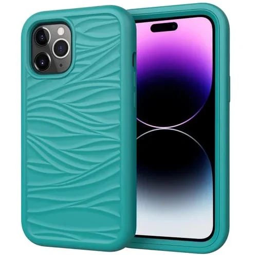 Funda para iPhone 15 Pro Max Wave Pattern 3 en 1 Silicona + PC (Verde Mar Oscuro)