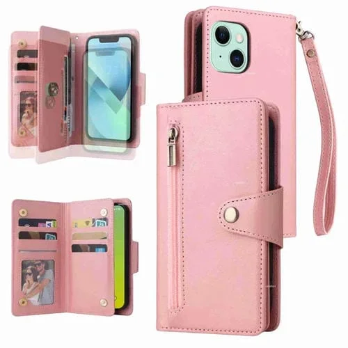Funda para iPhone 15 Remache Hebilla 9 Tarjetas Cuero Tres Pliegues (Oro Rosa)