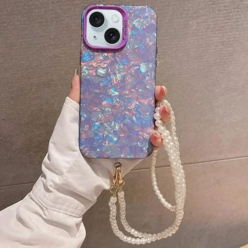 Funda para iPhone 15 Shell Texture Crossbody Cadena de Perlas TPU Acrílico Híbrido (Púrpura)