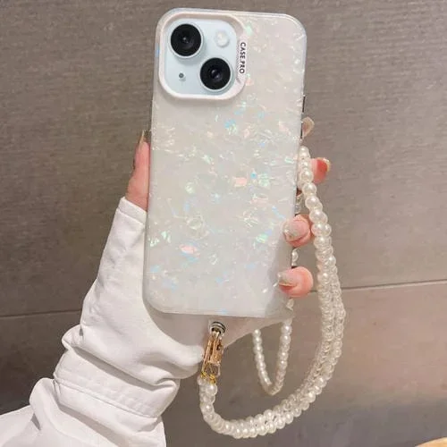 Funda para iPhone 15 Shell Texture Crossbody Pearl Chain TPU Acrílico Híbrido (Blanco)