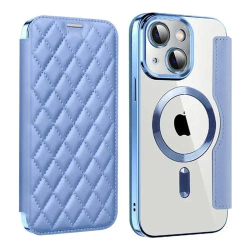 Funda para iPhone 15 Shield Magsafe Rfid Antirrobo de Cuero con Rombos (Azul)