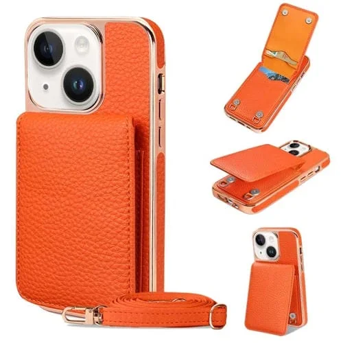 Funda para iPhone 15 Vietao Textura de Lichi Billetera de Pu con Cordón (Naranja)