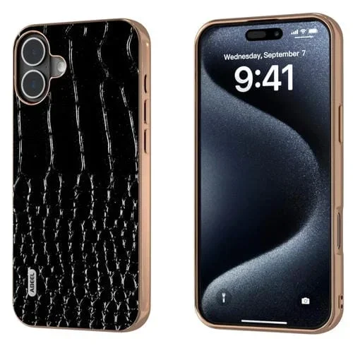 Funda para iPhone 16 Abeel con Marco Galvanizado y Patrón de Cocodrilo de Cuero Genuino (Negro)