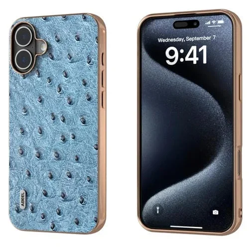 Funda para iPhone 16 Abeel Textura de Avestruz Marco Galvanizado Cuero Genuino (Azul Oscuro)