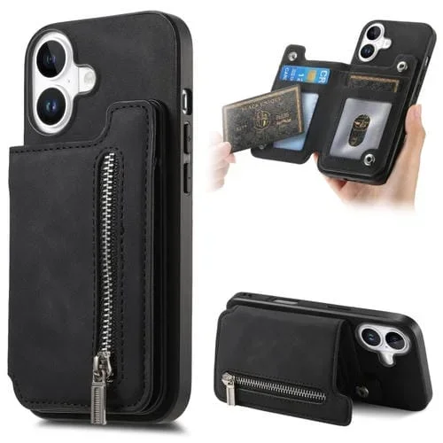 Funda para iPhone 16 con Cremallera Retro Magsafe y Tarjetero (Negra)