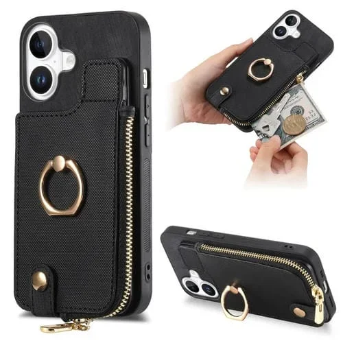 Funda para iPhone 16 Cremallera Vertical Anillo Cruzado Cuero (Negro)