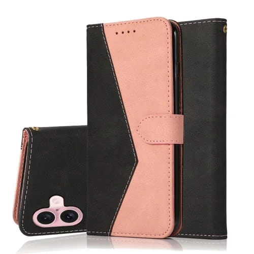 Funda para iPhone 16 Cuero Costuras Dos Colores (Oro Rosa Negro)