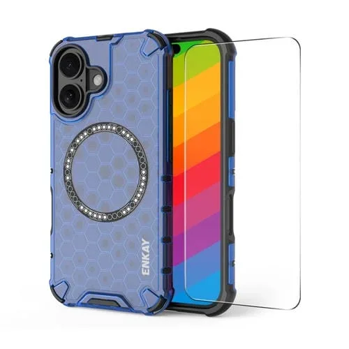Funda para iPhone 16 Enkay Hat-Prince Honeycomb Magsafe a Prueba de Golpes con Película de Borde de Arco Grande (Azul)
