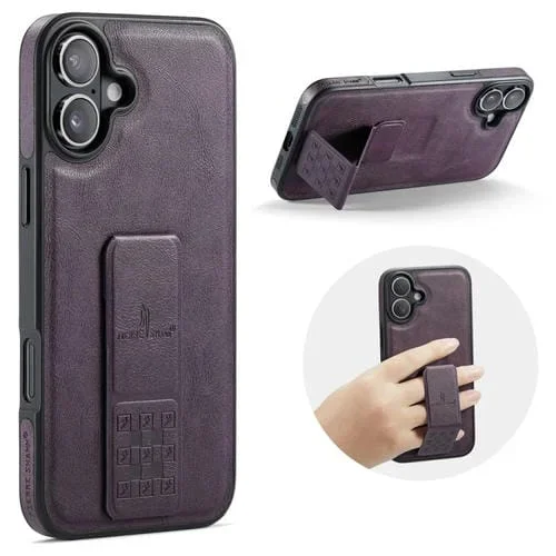 Funda para iPhone 16 Fierre Shann Soporte Trasero Cuero de Vaca con Cera de Aceite (Morado)