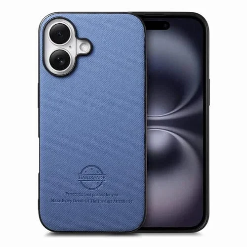 Funda para iPhone 16 Parte Trasera de Piel y Tejido de Sarga (Azul)