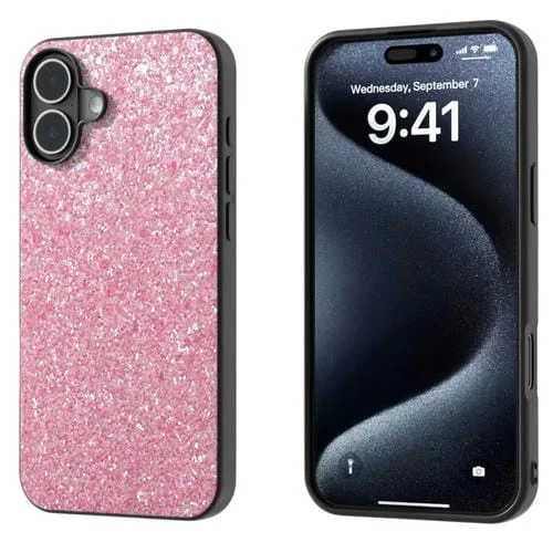 Funda para iPhone 16 Plus con Marco Negro y Purpurina de Colores (Púrpura y Rosa)