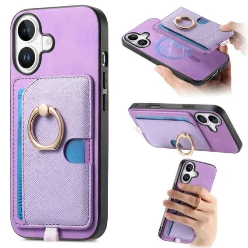 Funda para iPhone 16 Plus con Ranuras para Tarjetas Diseño Retro Cruz y Anillo Lateral (Morado)