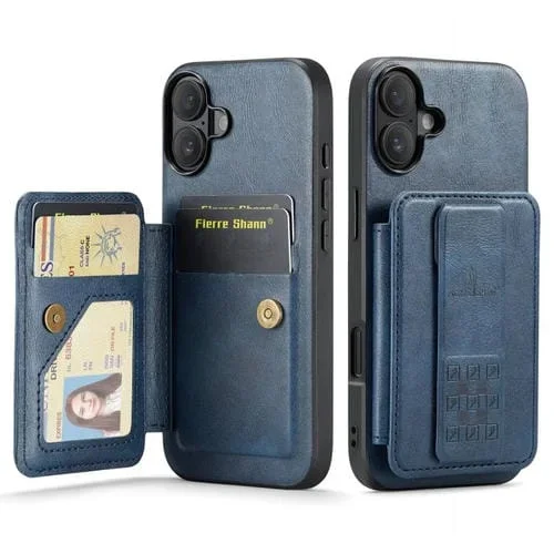 Funda para iPhone 16 Plus Fierre Shann Piel de Vaca con Cera de Aceite y Tarjetero (Azul)