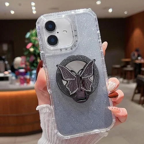 Funda para iPhone 16 Plus Soporte Mariposa Espejo Purpurina Magsafe (Negra)