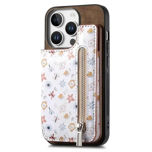 Funda para iPhone 16 Pro con Cremallera Trasera y Diseño Retro (Marrón)
