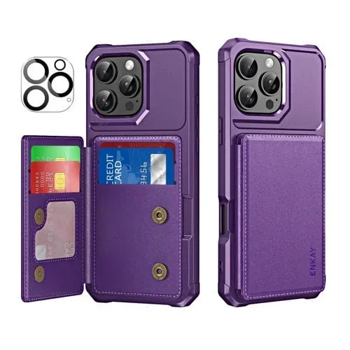 Funda para iPhone 16 Pro Enkay Hat-Prince TPU con Ranura para Tarjetas y Película para Lente (Morado)