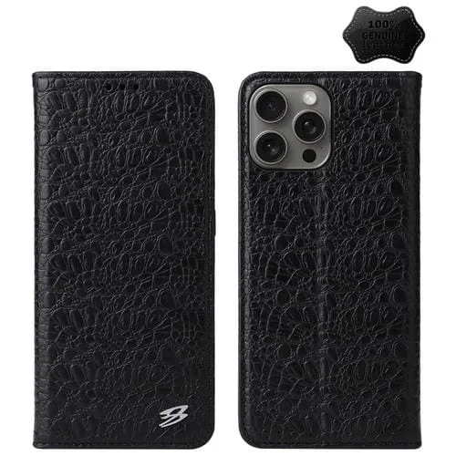 Funda para iPhone 16 Pro Fierre Shann Piel Auténtica Textura Cocodrilo (Negra)