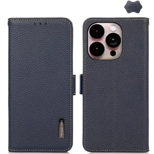 Funda para iPhone 16 Pro Khazneh Cuero Genuino Litchi Lateral Magnético (Azul)