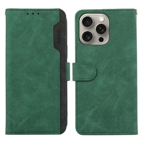 Funda para iPhone 16 Pro Max Abeel Color Block Cuero Magnética Rfid (Verde-Negro)