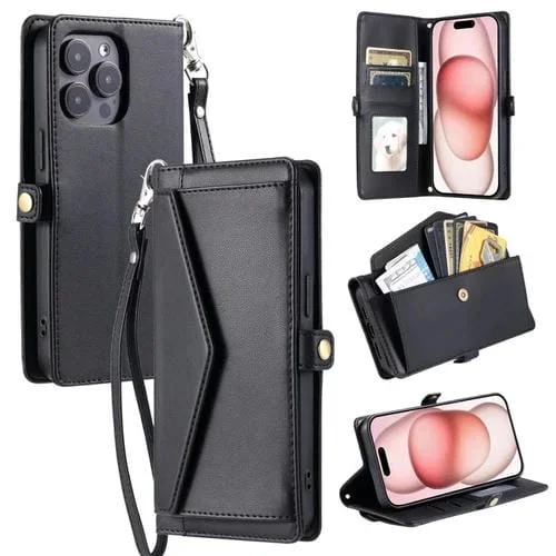 Funda para iPhone 16 Pro Max de Cuero con Ranura para Tarjetas y Billetera (Negra)