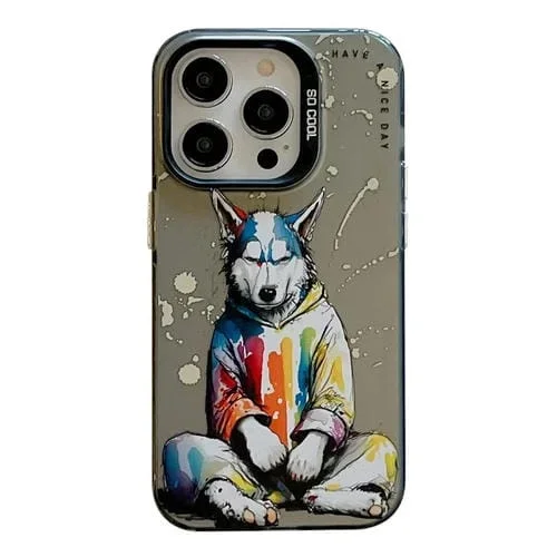 Funda para iPhone 16 Pro Max PC + TPU con Diseño de Animales Pintura al Óleo (Perro con Capucha)