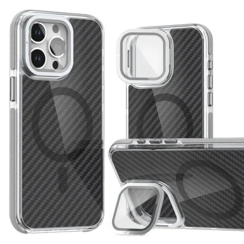 Funda para iPhone 16 Pro Película Fibra de Carbono Dos Colores Magsafe Soporte Plegable para Lentes (Gris)