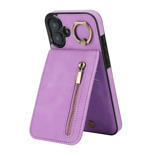Funda para iPhone 16 Ranura Tarjeta Rfid Anillo Retro Cremallera (Morado)