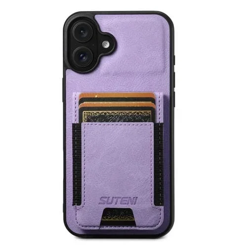 Funda para iPhone 16 Suteni H03 Piel de Lichi con Tarjetero y Soporte (Morado)