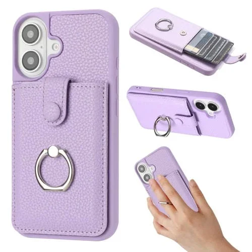Funda para iPhone 16 Textura de Lichi con Diseño de Tarjeta y Soporte para Anillo (Morado)