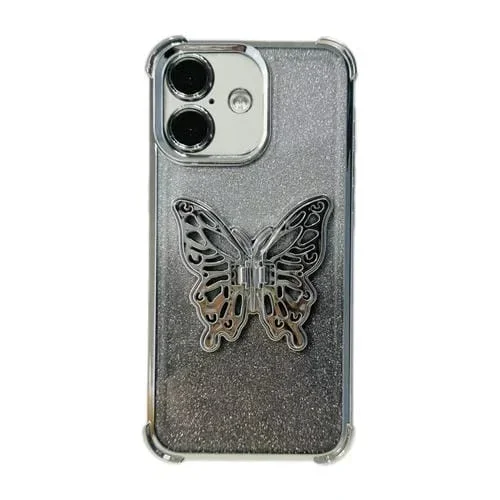 Funda para iPhone 16 TPU con Purpurina Galvanizada 3D y Diseño Mariposa (Plateado Degradado)
