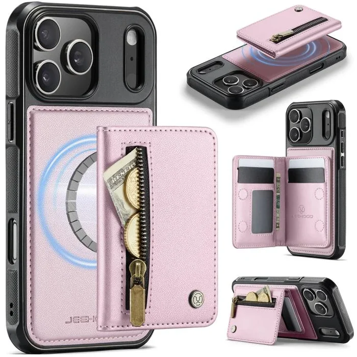Funda para iPhone 17 Pro JEEHOOD J12 con cremallera RFID MagSafe y tarjetero (rosa)