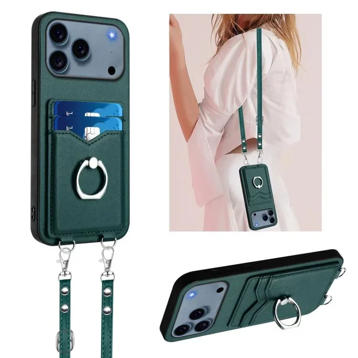 Funda para iPhone 17 Pro R20 con anilla cruzada y tarjetero (verde)