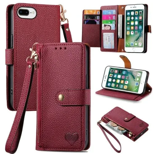 Funda para iPhone 6 Plus 6S Plus Love Zipper Lanyard Leather Phone Case (Rojo)