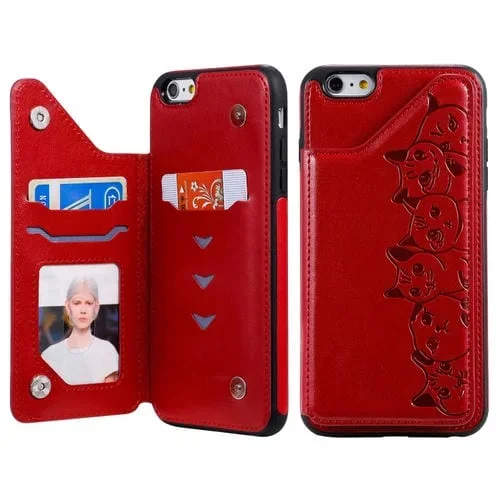Funda para iPhone 6 Plus Seis Gatos Estampado con Soporte Ranuras y Marco de Fotos (Rojo)