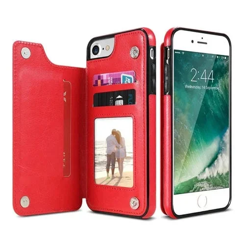 Funda para iPhone 7 Plus y 8 Plus Estuche de Cuero PU Retro con Múltiples Titulares de Tarjetas (Rojo)