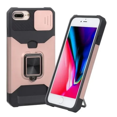 Funda para iPhone 8 Plus 7 Plus 6S Plus 6 Plus PC TPU con Soporte de Anillo Ranura Tarjeta (Oro Rosa)