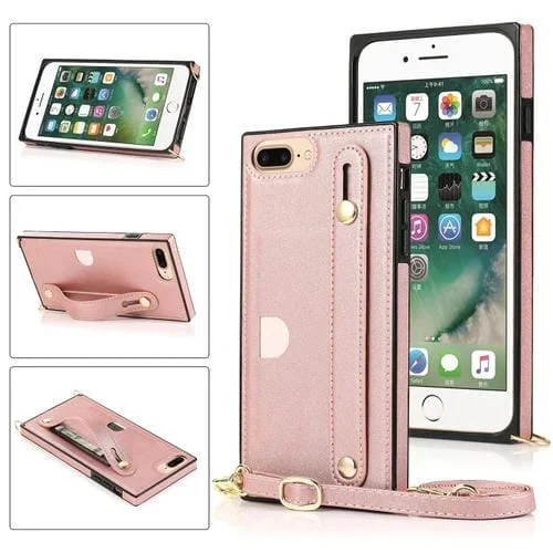 Funda para iPhone 8 Plus y 7 Plus con Correa de Muñeca Pu y TPU, Soporte, Ranura para Tarjeta (Oro Rosa)