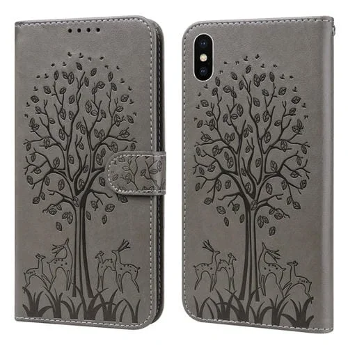 Funda para iPhone X Xs Cuero Patrón Árbol Ciervo Tapa Horizontal (Gris)