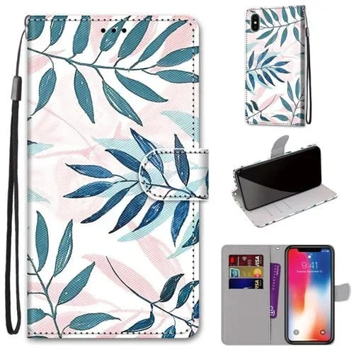 Funda para iPhone X Xs Cuero PU Dibujo Color Textura Cruzada Tapa Horizontal Soporte Ranuras Tarjetas Billetera Cordón (Hoja Verde Rosa)