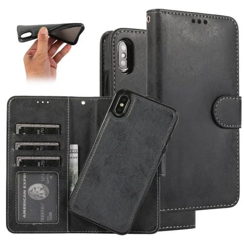 Funda para iPhone X Xs Klt888-2 2 En 1 Cuero TPU PU Tapa Horizontal Magnética Soporte Ranuras Tarjetas Marco Fotos Billetera (Negro)