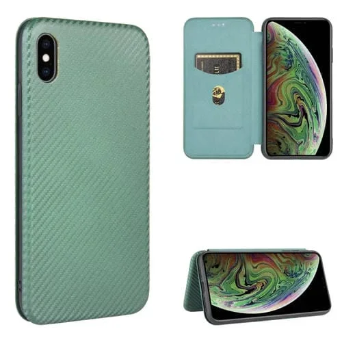 Funda para iPhone X / Xs Textura Fibra de Carbono Flip Horizontal TPU PC Cuero Pu Ranura Tarjeta (Verde)
