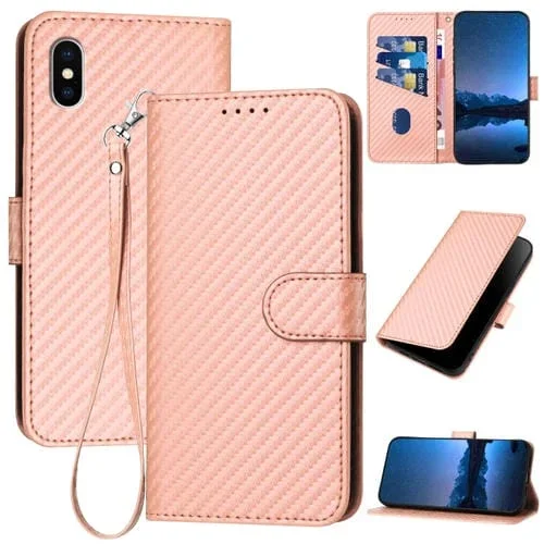 Funda para iPhone X y Xs Yx0070 Cuero Hebilla Fibra de Carbono Cordón (Rosa)