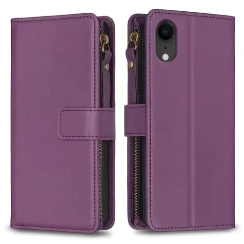 Funda para iPhone Xr Cartera de Cuero con 9 Ranuras para Tarjetas y Cremallera (Morado Oscuro)