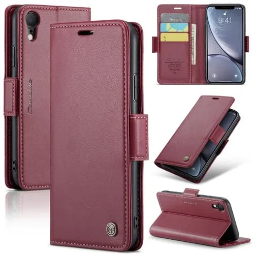 Funda para iPhone Xr Caseme 023 Hebilla de Mariposa Litchi Texture Rfid Cuero Antirrobo (Rojo Vino)