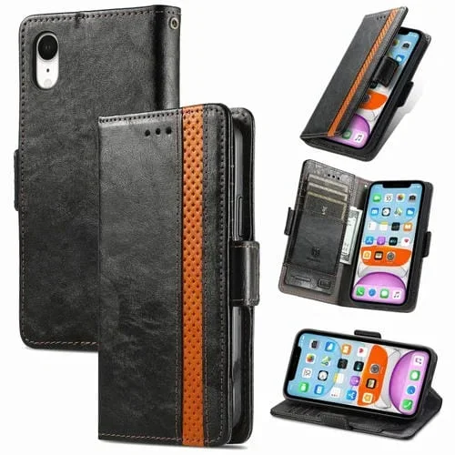 Funda para iPhone Xr Caseneo Business Splicing Dual Magnetic Buckle Horizontal Flip PU Cuero con Soporte y Ranuras para Tarjetas y Billetera (Negro)