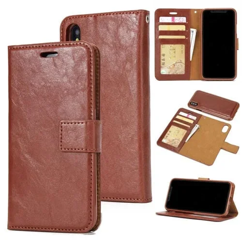 Funda para iPhone Xr Crazy Horse Cubierta Trasera Magnética de Cuero con Tapa Horizontal Soporte Ranuras Tarjetas Marco Fotos Billetera (Marrón)