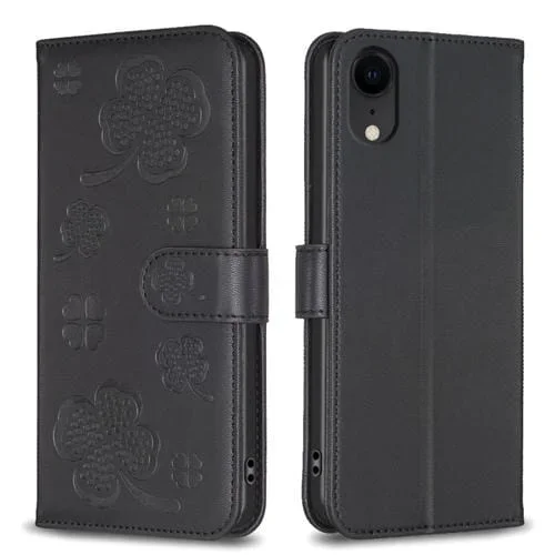 Funda para iPhone Xr Cuero con Relieve de Cuatro Hojas (Negro)